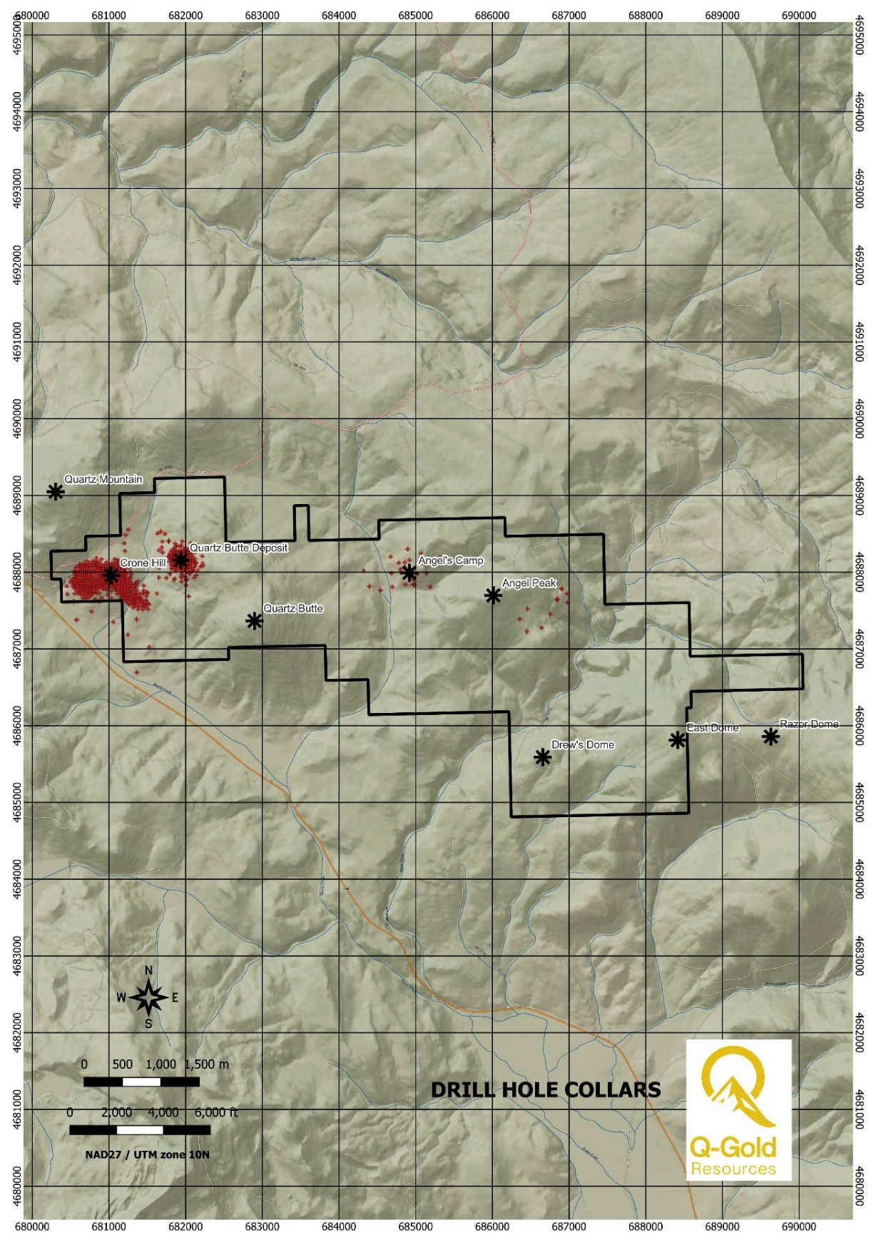 Figure 2 - Project Drill Hole Collar Locations at Quartz Mountain and Angel’s Camp.