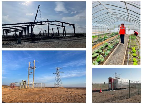 Clockwise from Top Left – Core Processing Facility, Greenhouse, Drinking Water Filtration System, 35kV Grid Power Supply