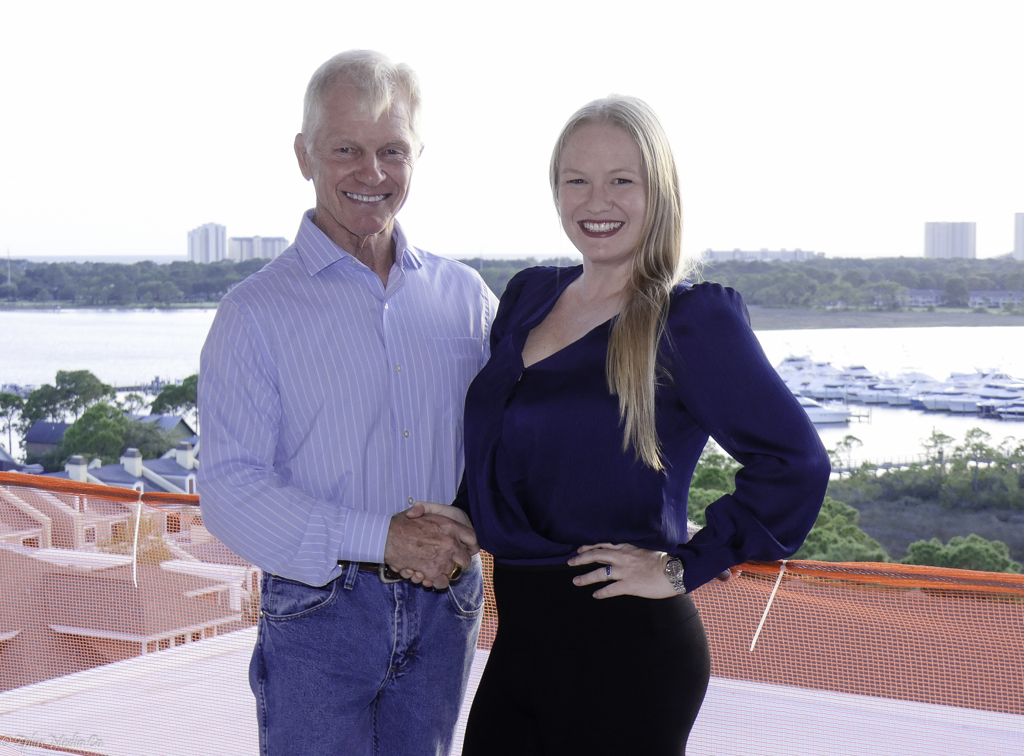 (Photo Credit: Zplus Media Co.)  Tom Becnel, Chairman, Sandestin Investments, LLC, and his daughter, Sarah Becnel, Vice President of Development for Sandestin Golf and Beach Resort celebrate the “topping out” of the Hotel Effie Sandestin, an exquisite 250-room, family-owned hotel under construction within the gates of Sandestin Golf and Beach Resort, slated for opening in Summer 2020.  