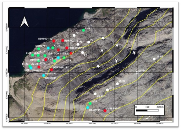 Proposed Diamond Drill collars in white star bursts and actual collars in white circles for extension resource drilling June July 2025