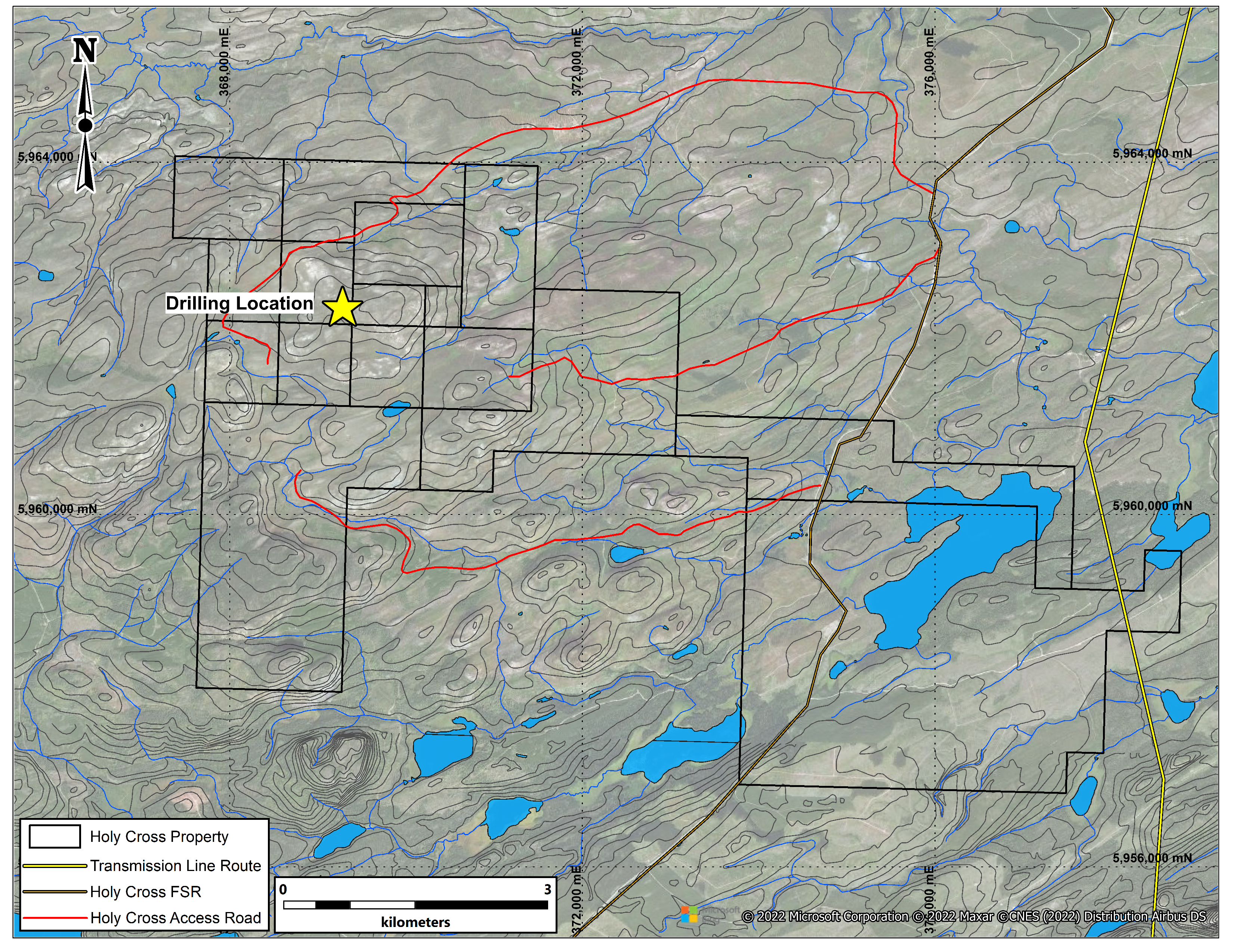 Figure 2 - Holy Cross Claims Showing Roads, Route of New Powerline, and Drilling Location