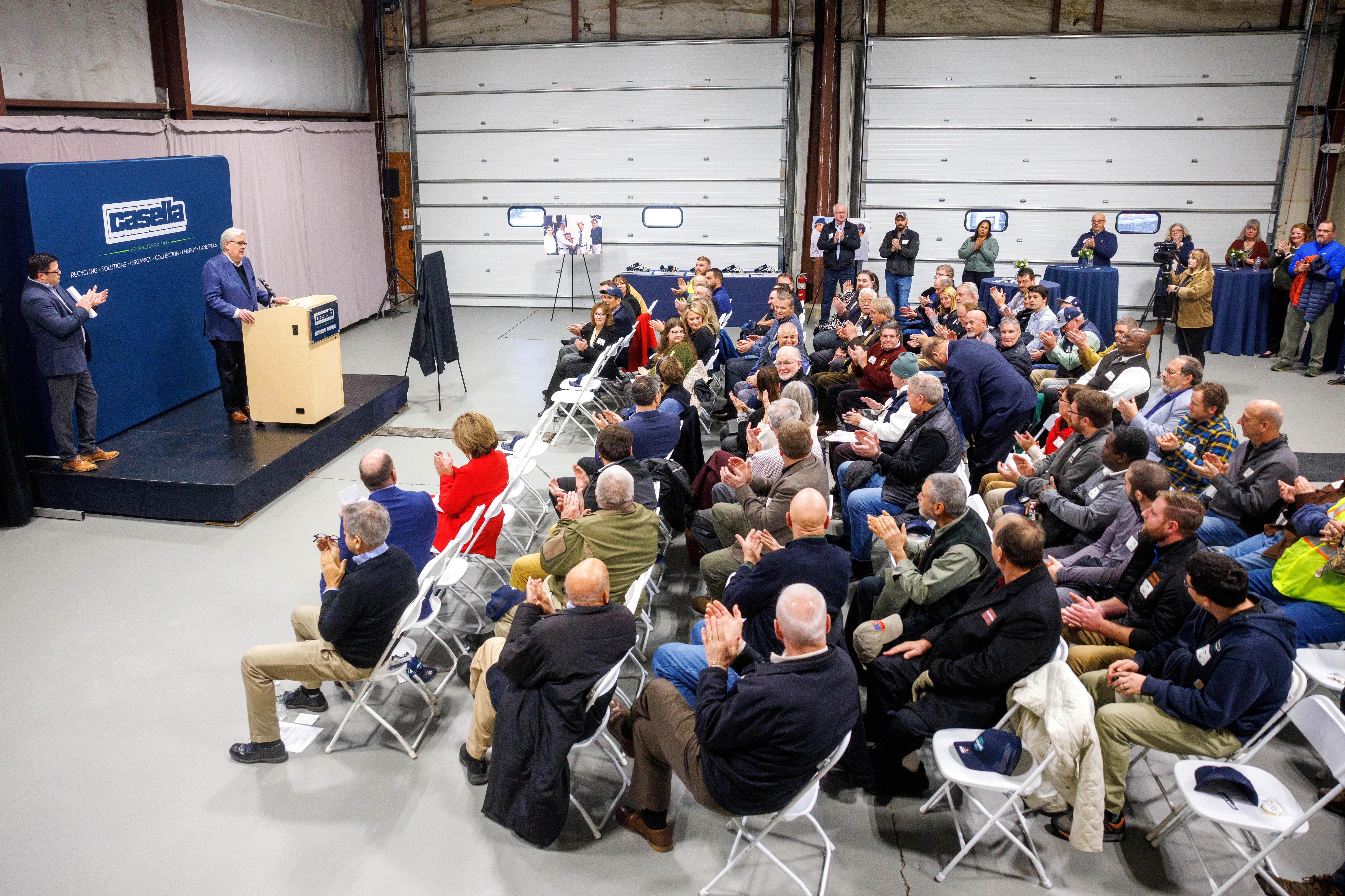 A full crowd of people at Casella's dedication of the Kenneth A. Hier CDL Training Center