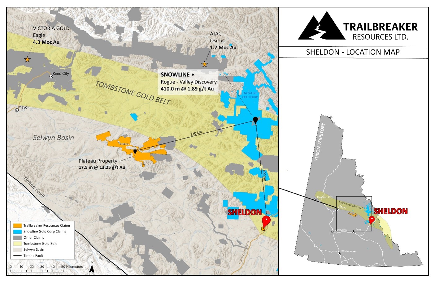 Location of the Sheldon property within the Tombstone Gold Belt and the Selwyn Basin.