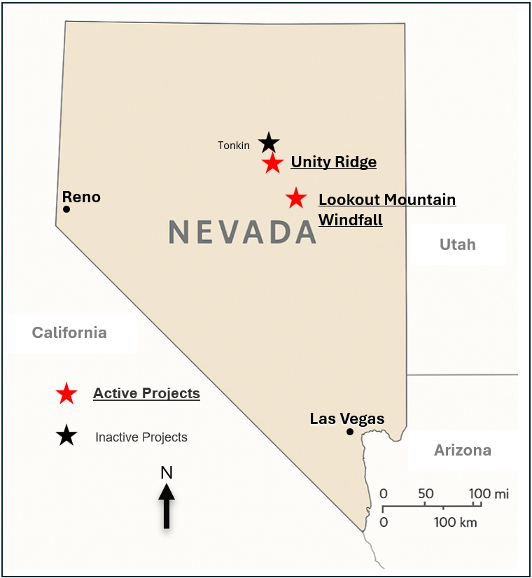 Figure 1. Location of Lookout Mountain, Windfall and Unity Ridge