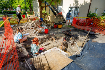 Students and faculty conducted multiple excavations at a site near Rivers Green in preparation of the construction of a solar pavilion. It was during this work that the slave badge was uncovered. (Photos by Heather Moran and Mike Ledford)