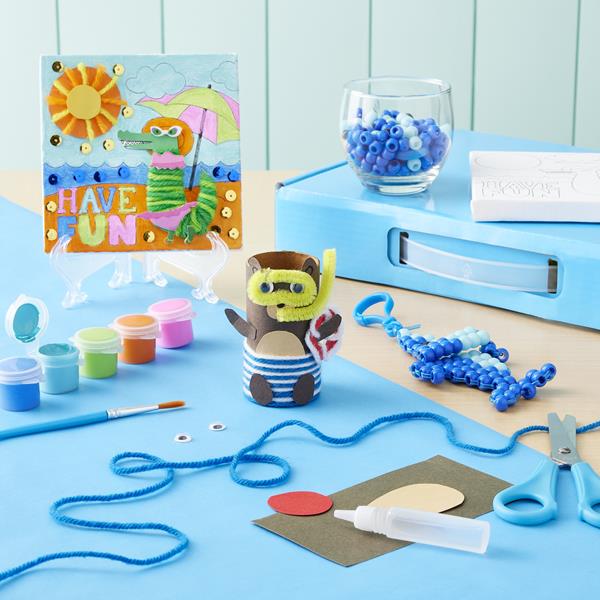 Kids' summer crafts with materials like beads, paper, paint and more.