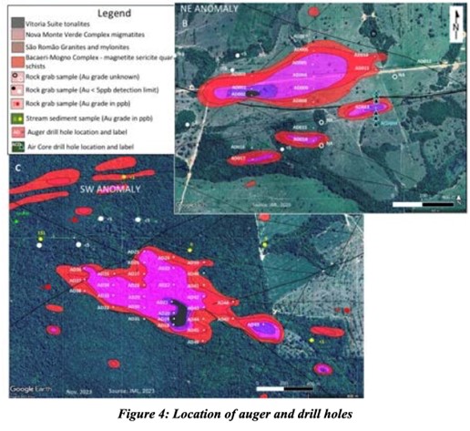 Location of auger and drill holes