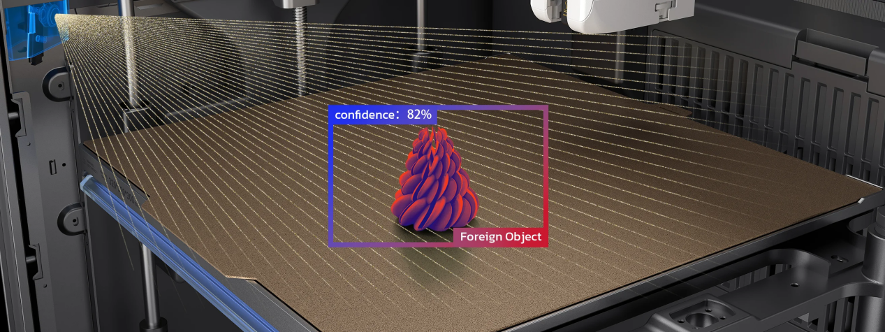 AI camera on QIDI Plus5 print bed detecting foreign object