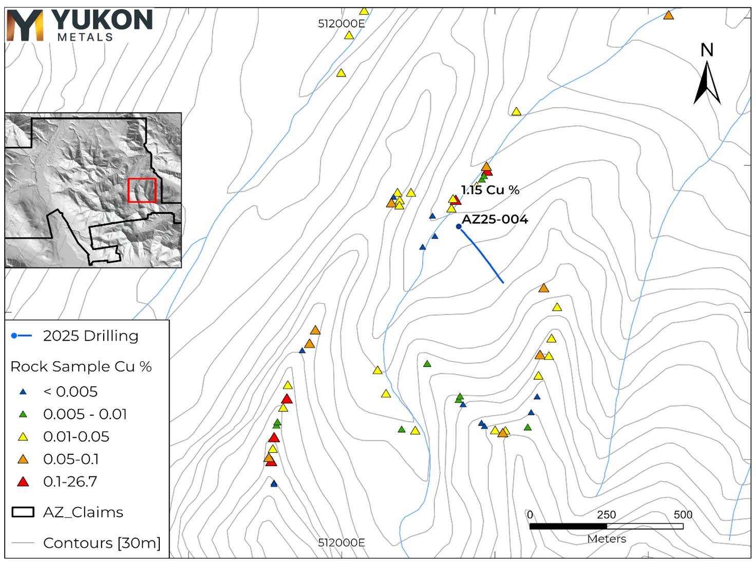 AZ25-004 Drilling Location Map in relation to Cu Surface Rock Samples. 