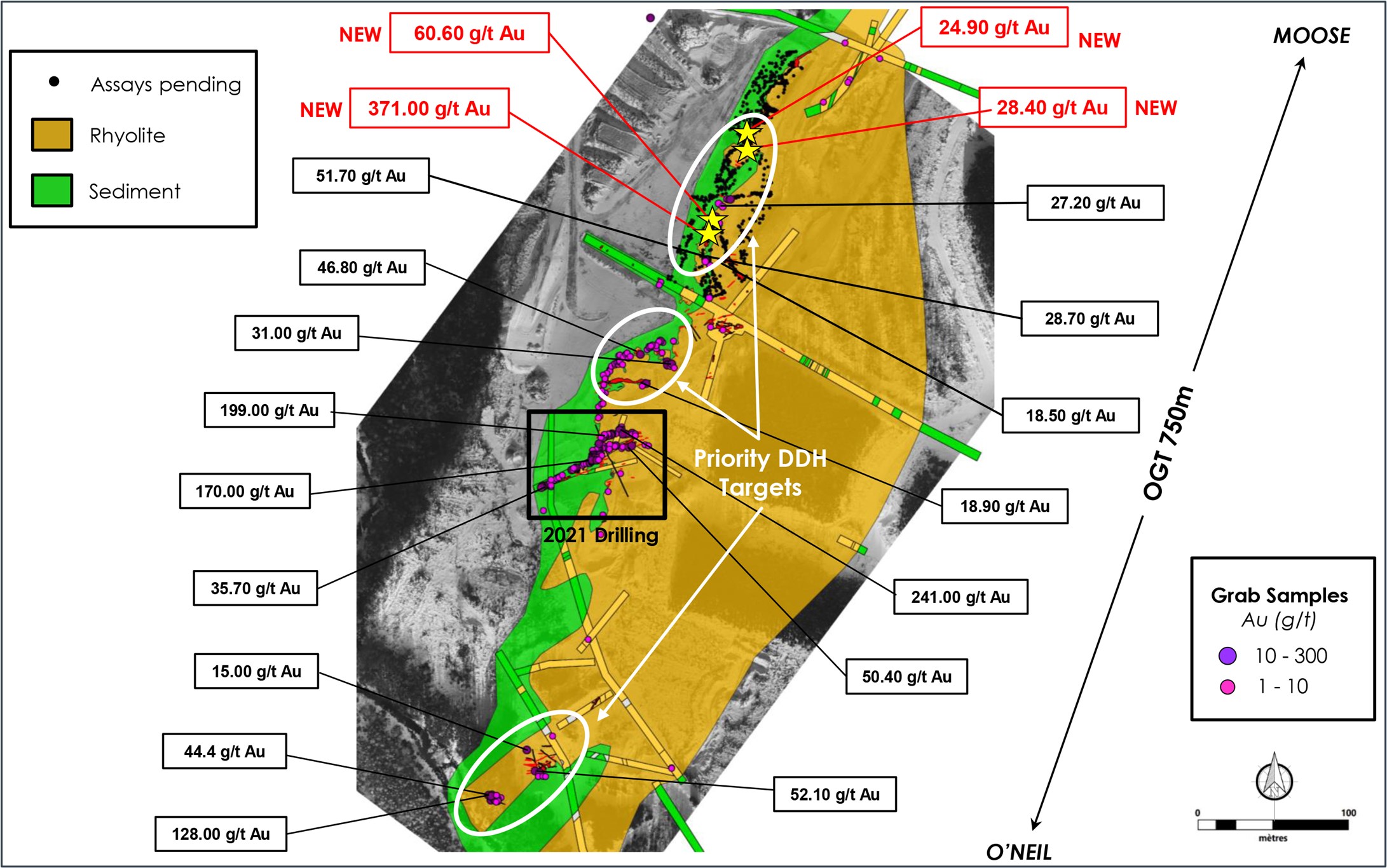 Figure 1: Location of reported grab samples at the OGT and associated first priority drilling targets