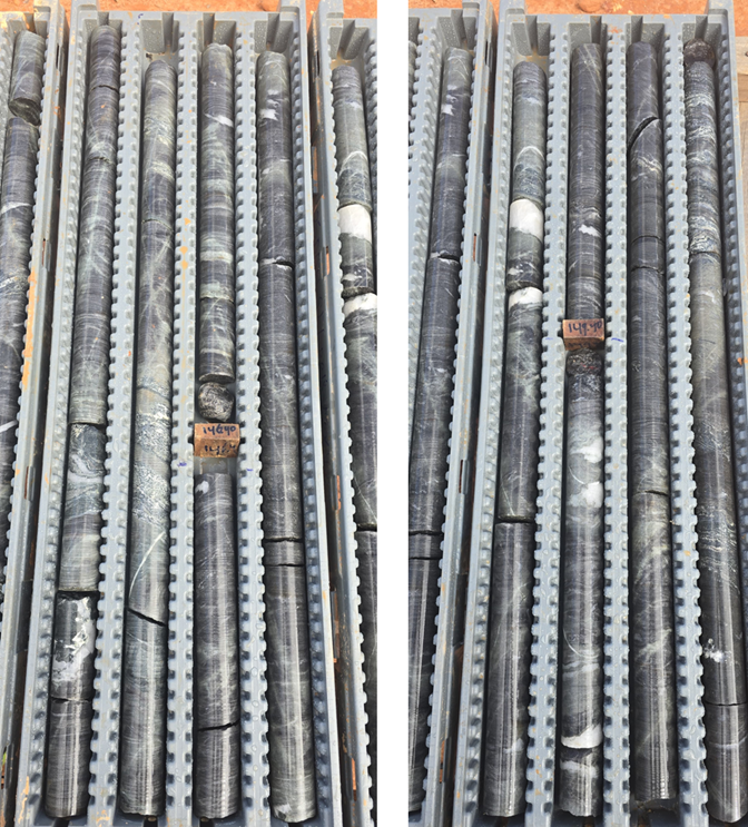 Drill core images showing veining and alteration in 25DDH-SEL-018 between approximately 145 and 151m.