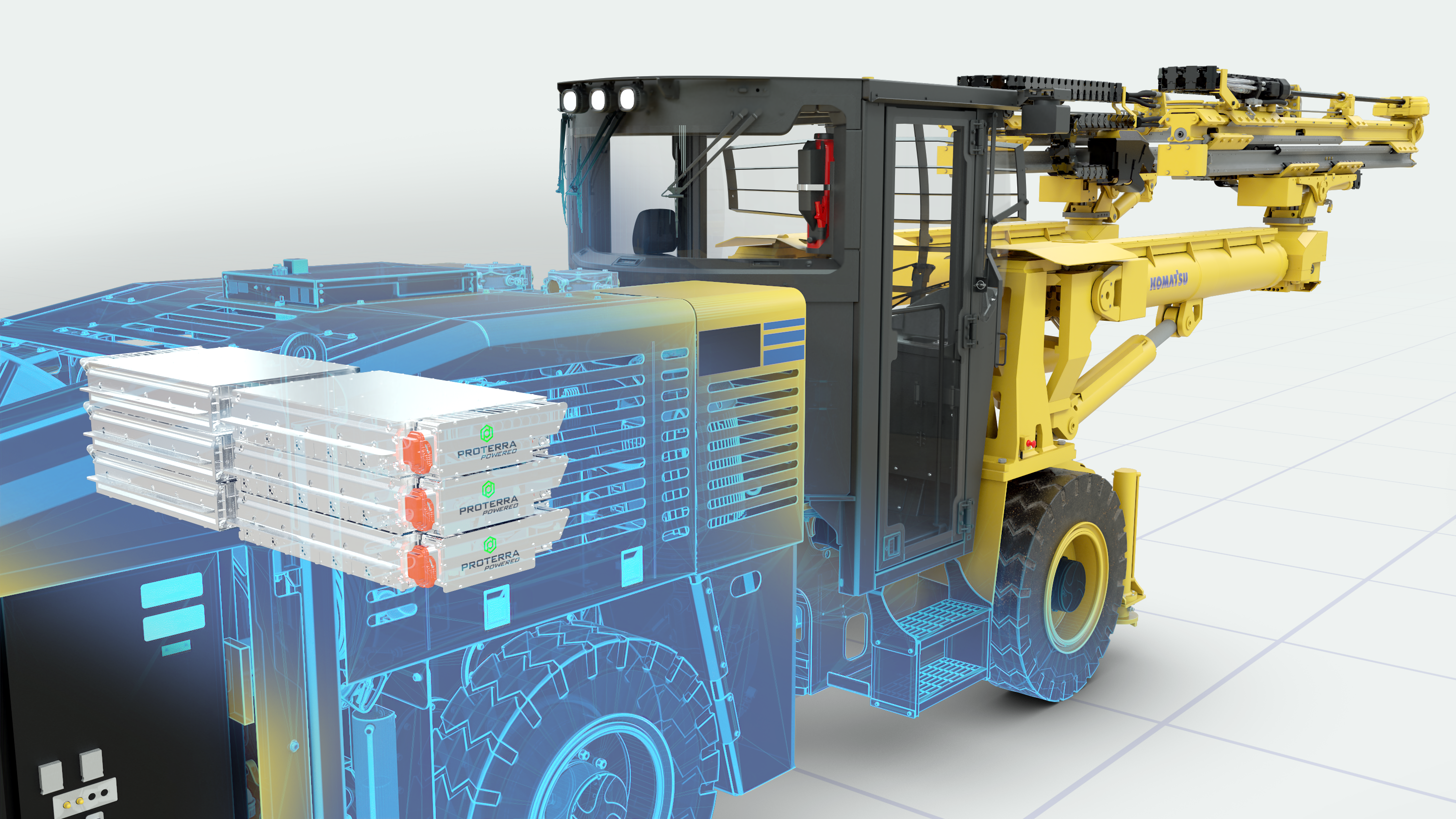 A Komatsu underground drill is pictured with Proterra batteries.