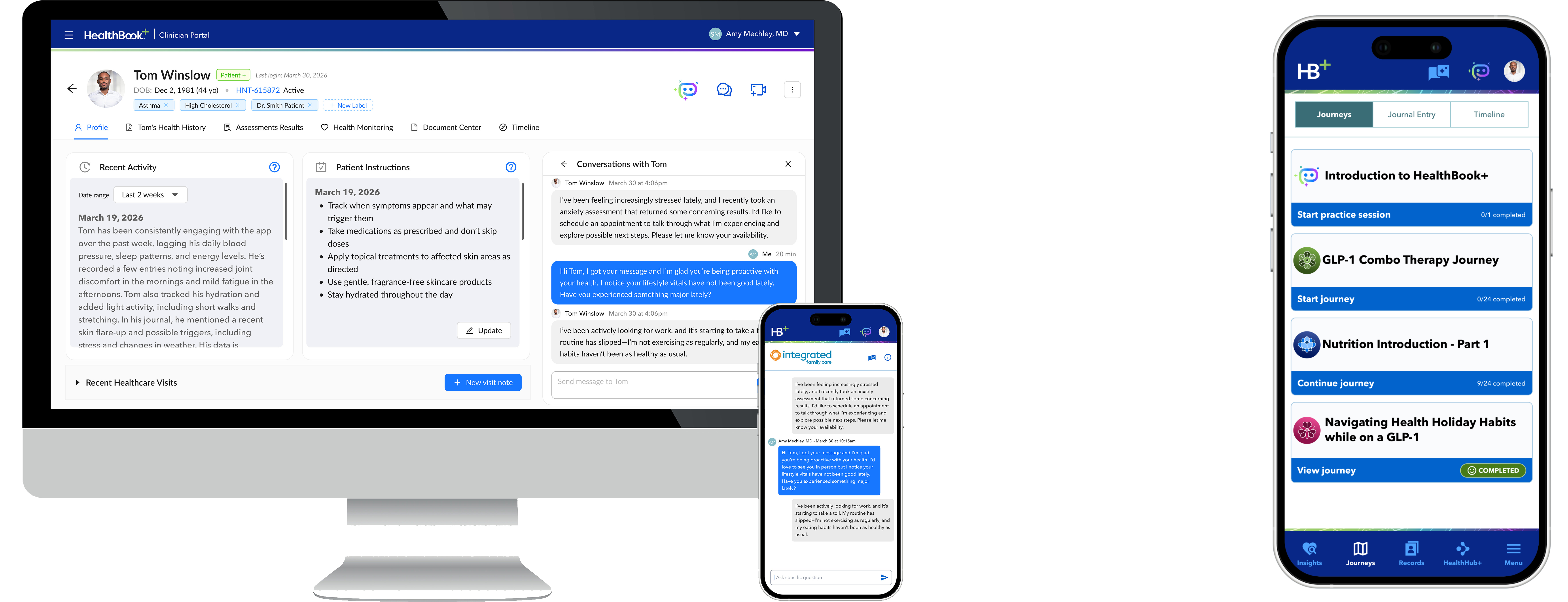 An image of Conversations (screenshots of the portal and patient app) as well as Journeys (screenshot of the patient app)