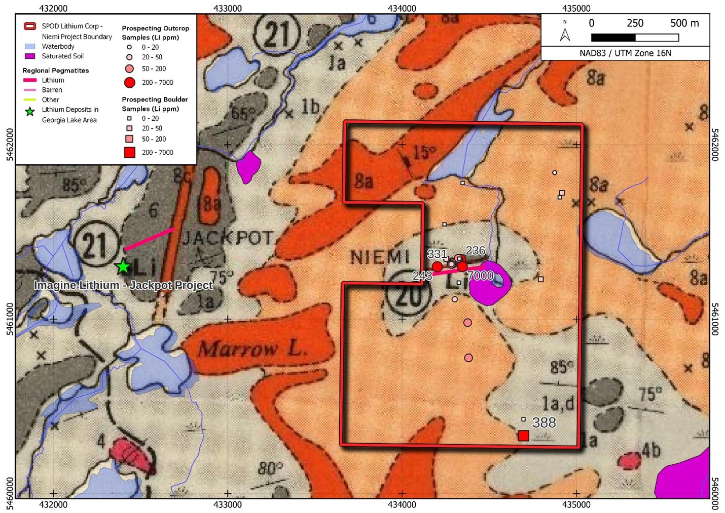 Figure 2 shows the Niemi Project samples with Imagine Lithium’s Jackpot Project to the west.