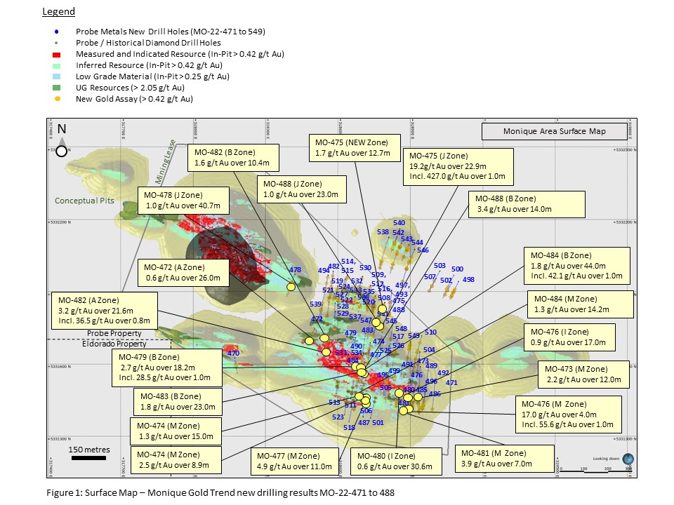 Plan de surface – Nouveaux résultats de forage le long du couloir aurifère Monique MO 22-471 to 488