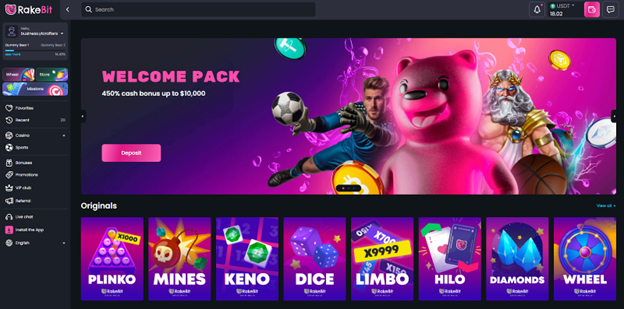 Die Benutzeroberfläche von Rakebit mit beliebten Spielen, Willkommensbonus und sofortigen Krypto-Auszahlungen – ein modernes Online Casino ohne Limit.