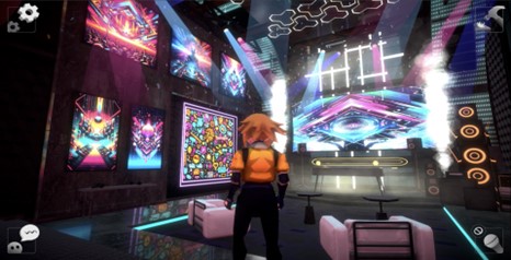 An avatar standing in an EDM-themed room. 