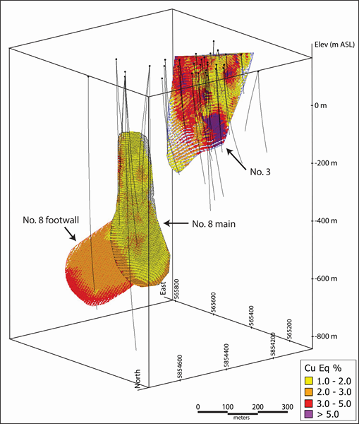 Figure 1 - 3D view of the Nikka deposit block model showing the No. 3, No. 8 main and No. 8 footwall sulfide lenses