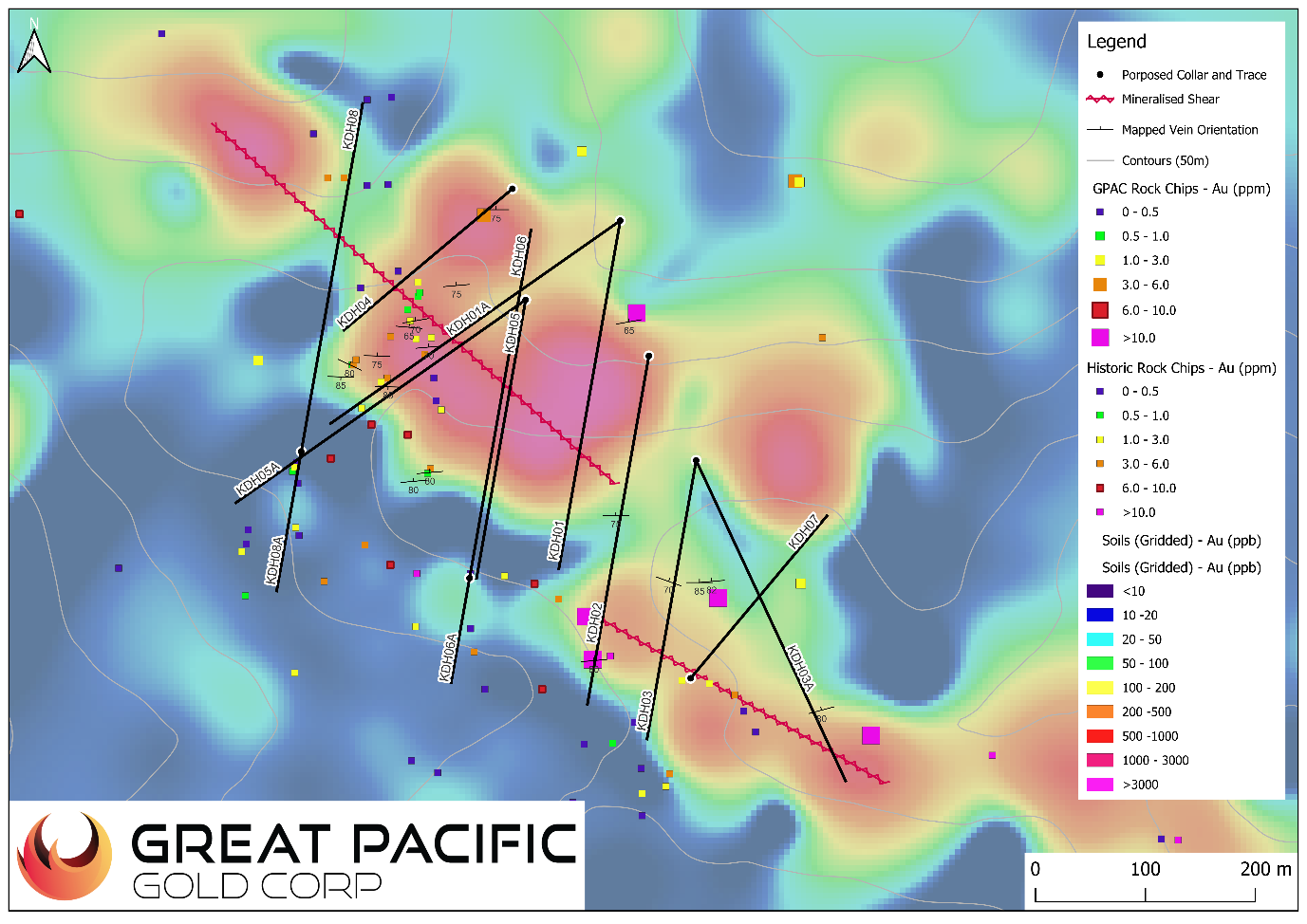 Figure 2 Anteruno soil heat map (gold ppb) with proposed drilling sites and traces