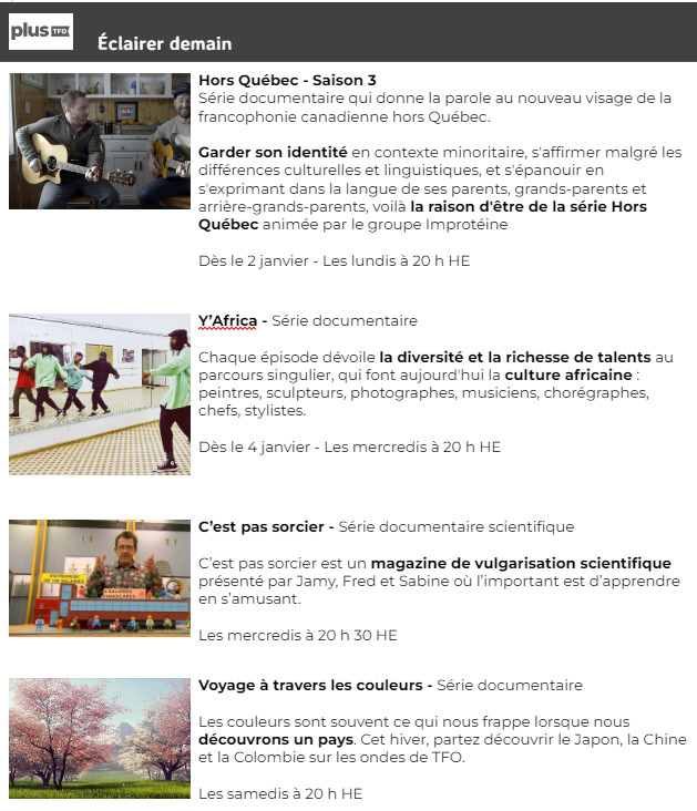 Programmes TFO pour les plus de 18 ans et les adultes.