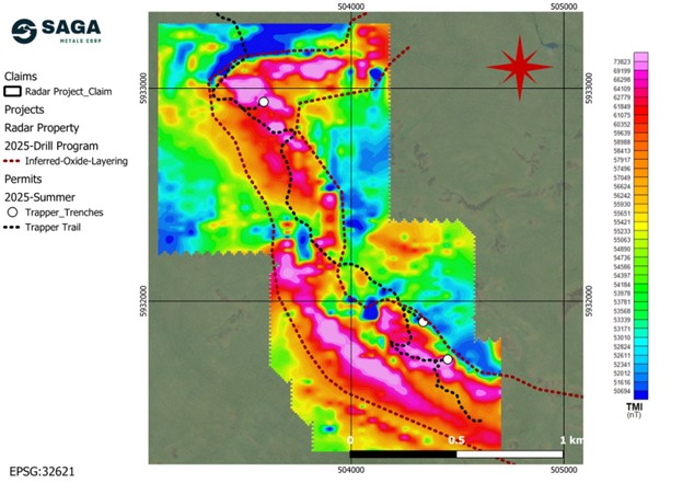 Radar Project’s Trapper Zone depicting a 3+ km magnetic anomaly and oxide layering trend. The Trapper Trail (in black) will be the target of the planned 15,000 m diamond drilling program aimed at establishing Saga’s maiden mineral resource estimation. 