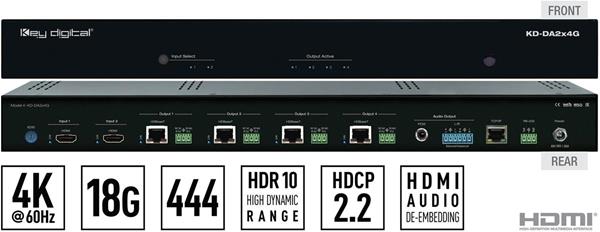 KD-DA2x4G
2x4 4K/18G POH/HDBT/HDMI Distribution Amplifier/Switcher with Audio De-Embedding