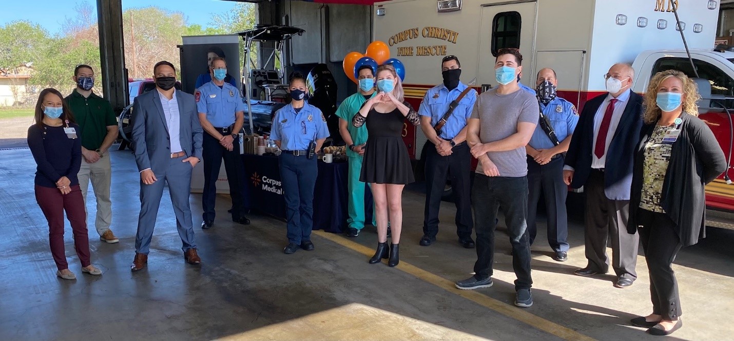 Sophia Beattie (center) is grateful to reunite with the doctors and nurses from Corpus Christi Medical Center and the City of Corpus Christi EMS professionals who cared for her after a life threatening motorcycle accident in November 2020.

