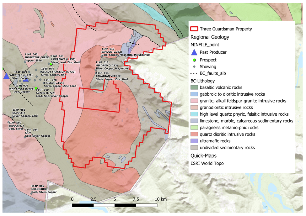 Three Guardsmen property with BC regional geology highlighting historical work and present showings