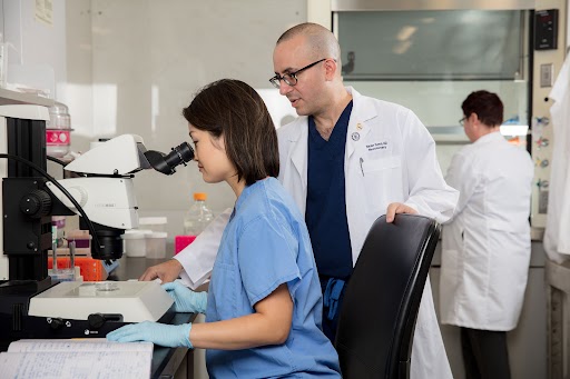 Viewing tumor tissue samples in the Ivy Brain Tumor Center lab