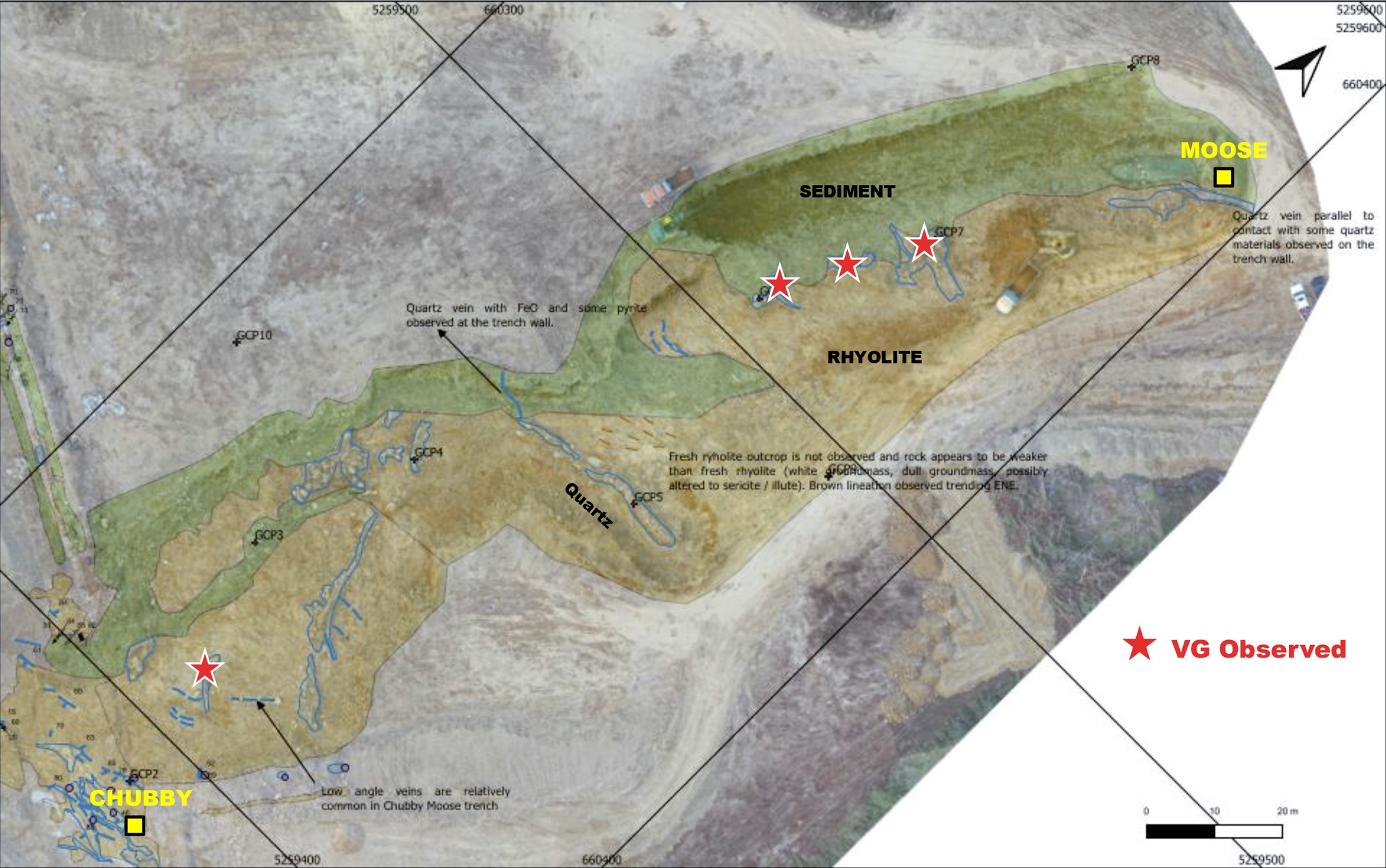 Figure 3. Mapping by Terrane Geoscience with the Localization of High-Grade Gold Samples (VG)