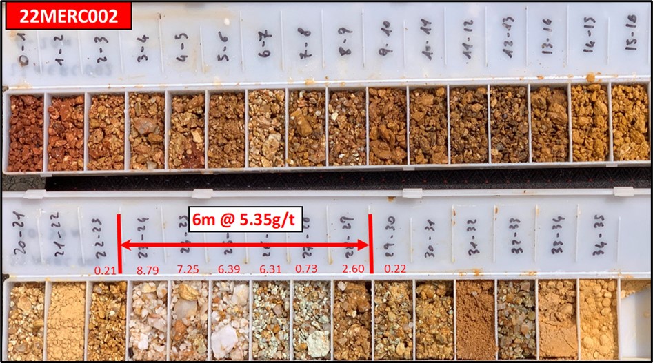 Low grade gold mineralisation in halo of the narrow quartz vein in 22MERC002.