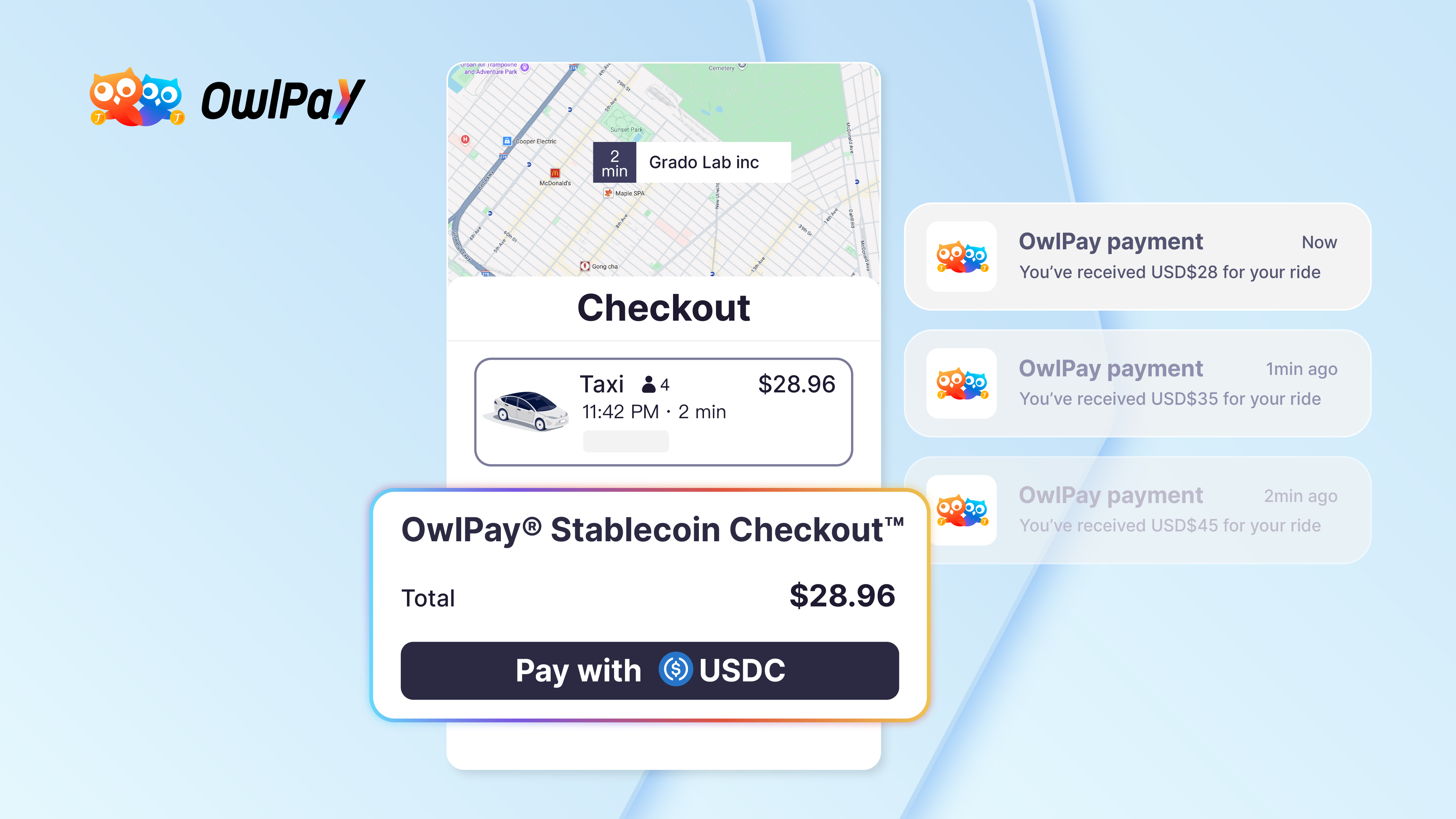 OwlPay® Stablecoin Checkout™ allows customers to pay businesses in USDC, with payments converted to USD and deposited into the business’s digital wallets or bank accounts.