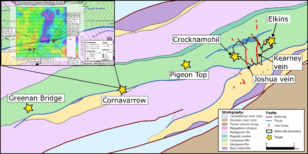 Map showing the location of key exploration targets. New geophysical results over Cornavarrow shown in inset and Figure 2.