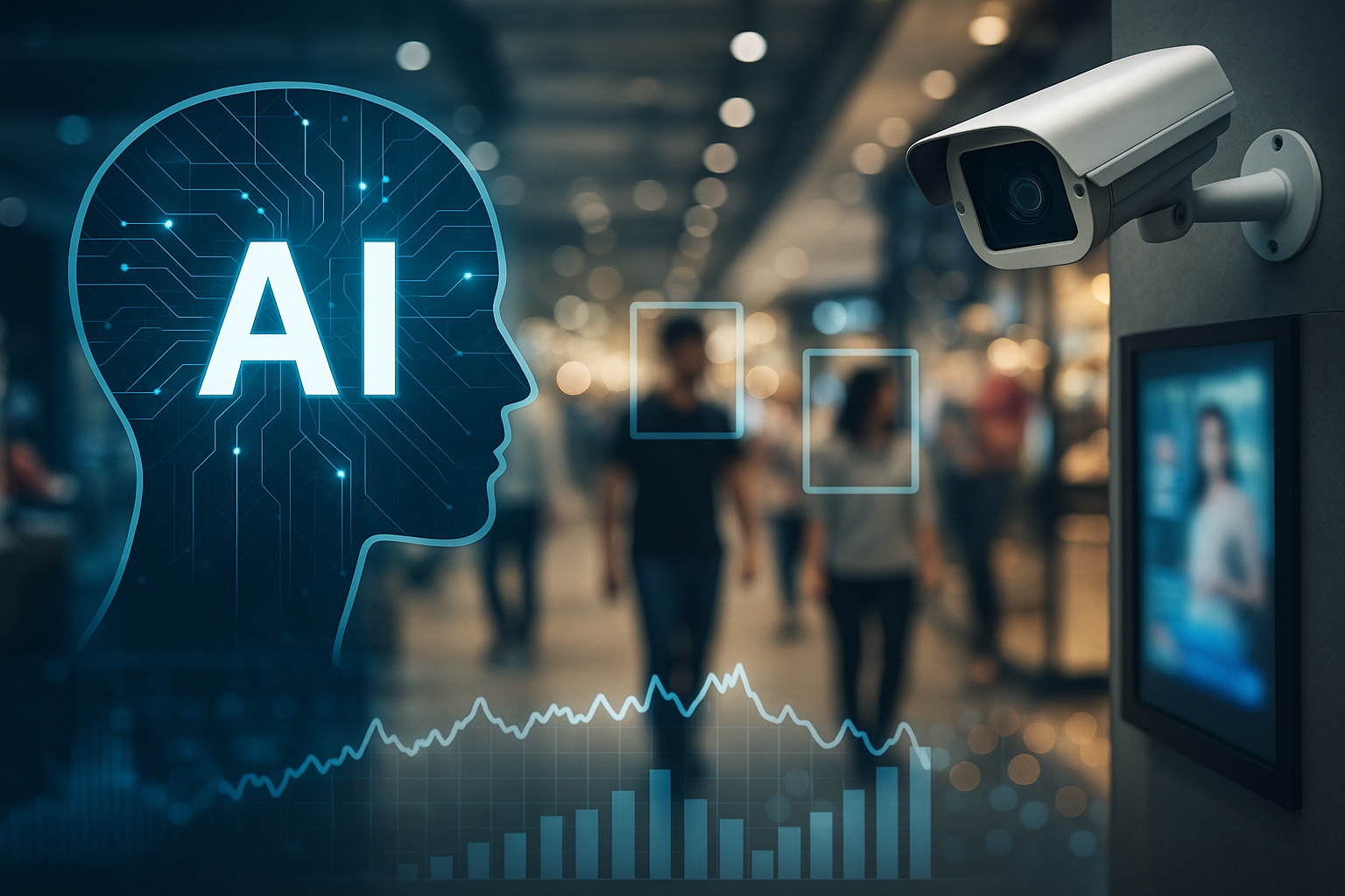 A digital visualization symbolizing Alpha Modus’s AI retail analytics and patent enforcement lawsuits against Sensormatic and Johnson Controls.