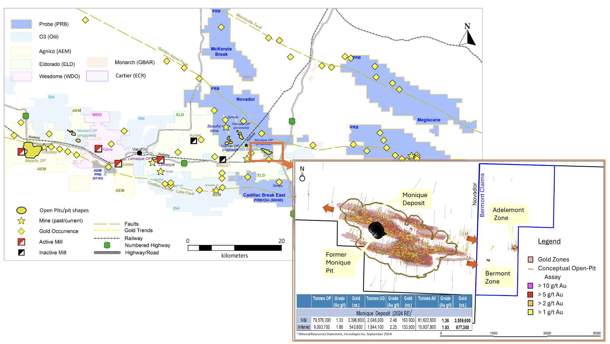 Figure 1 - Le gisement Val-d'Or Monique de Probe Gold et la nouvelle propriété adjacente