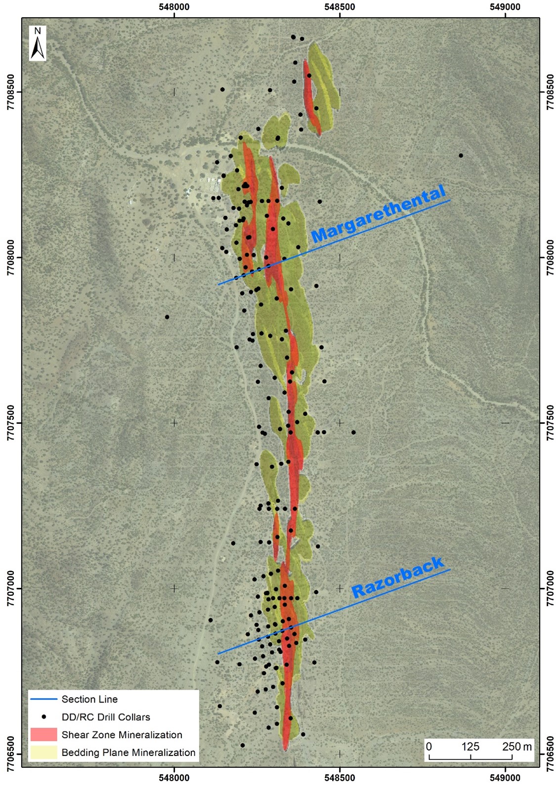 Figure 4: Section line locations shown in plan view with mineralization domains and drillhole collars