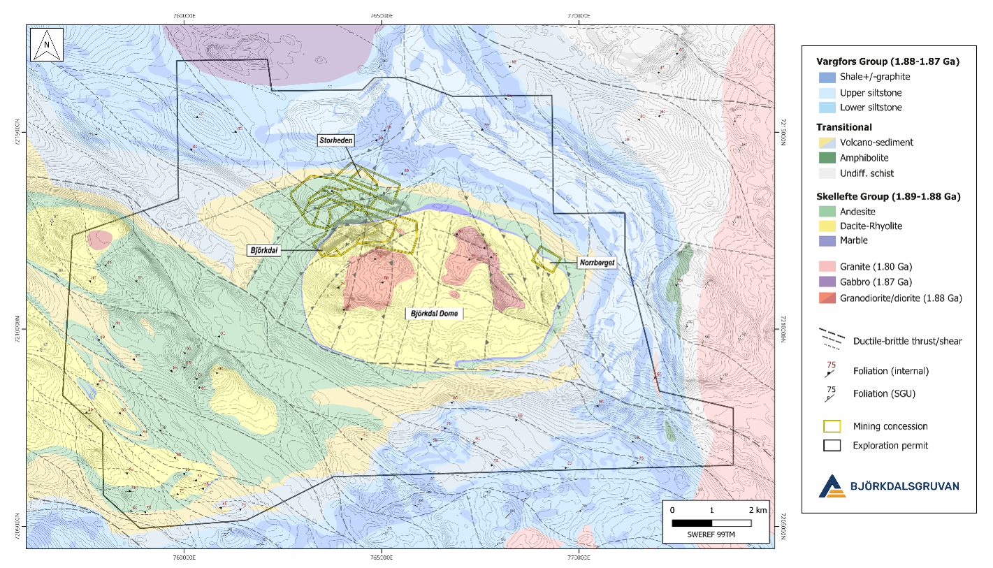 Regional geological map showing the locations of the three main deposits in the Björkdal area and contiguous exploration permits (SWEREF 99TM).