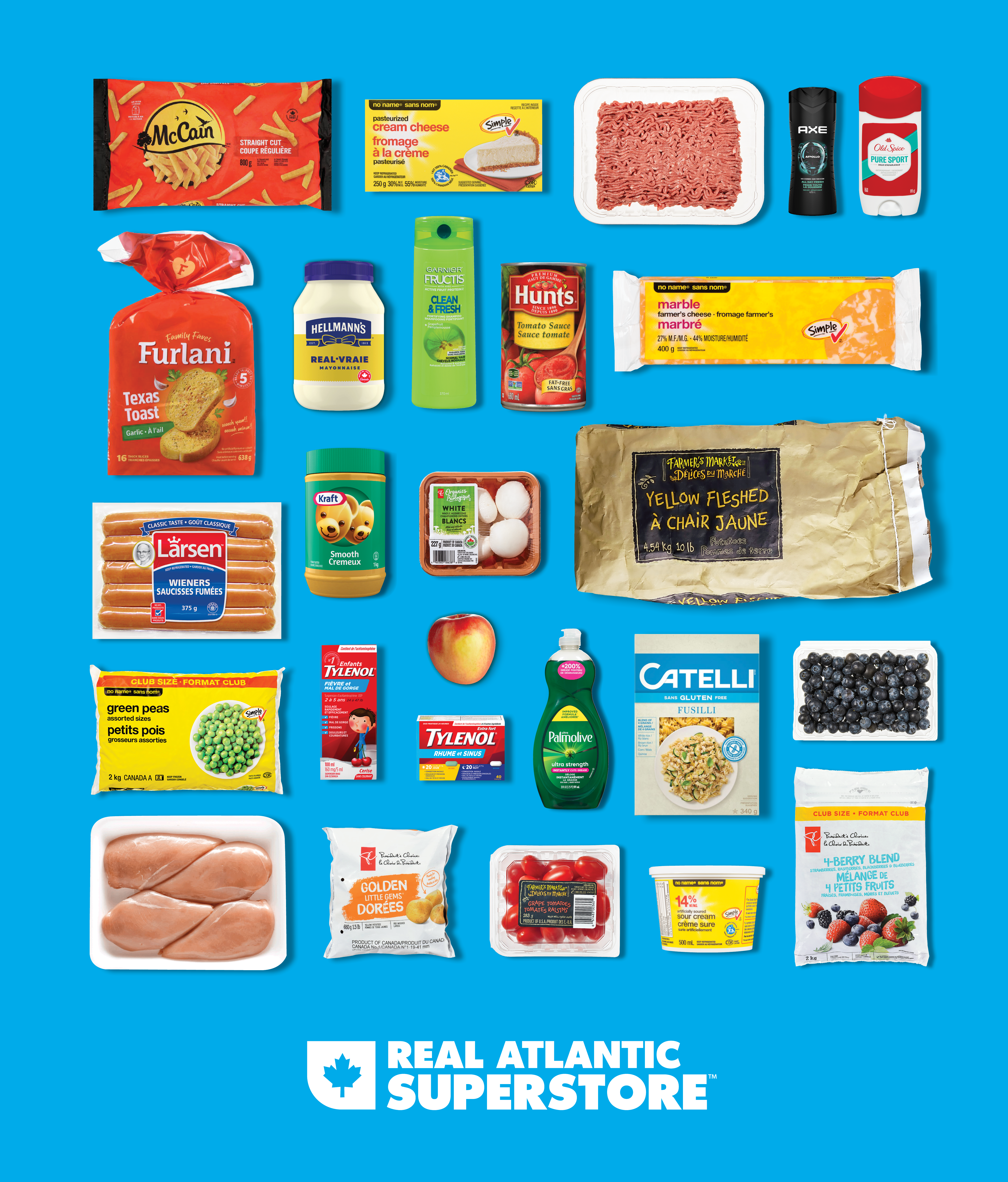 A selection of products representing the thousands of newly lowered prices available at Real Atlantic Superstore, including fresh food, pantry staples, household essentials and personal care items
