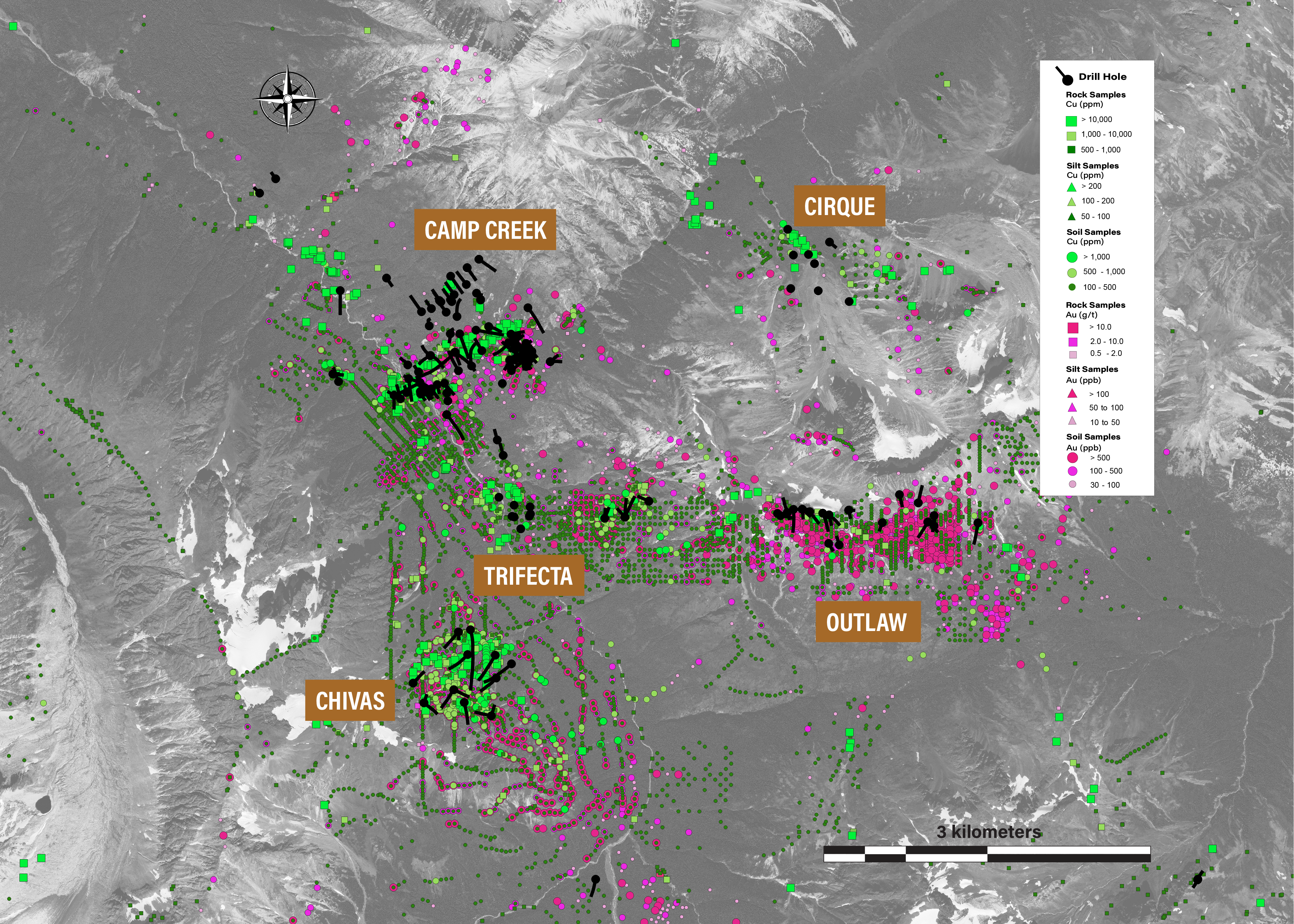 Figure 2_Drill Targets Previous Collar Locations and Copper Gold Geochem