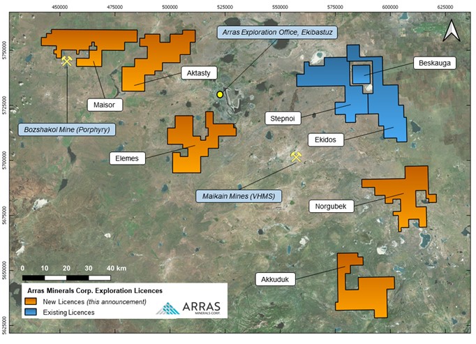 Arras’ mineral exploration licences in northeastern Kazakhstan. Also shown is the location of Arras’ exploration office in the city of Ekibastuz and the producing Bozshakol and Maikain mines.