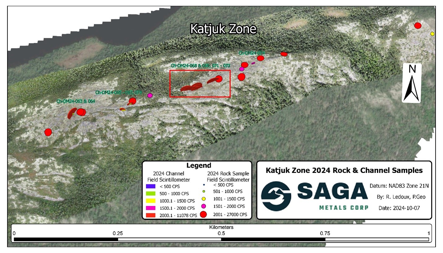 Katjuk zone with detailed drone imagery inset of channel sample cross section perpendicular over zone expressing both rock and channel sample location