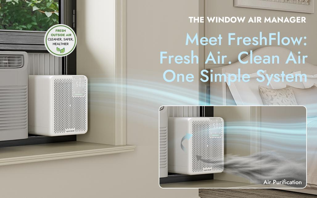FreshFlow 2-in-1 window-mounted fresh air and purification system installed on a modern apartment window