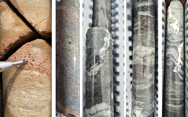  25DDH-SEL-018 at 71m, relic boxwork pyrite in quartz vein in oxidized zone. 25DDH-SEL-018 at 82.6m, intense k-feldspar and biotite alteration. 25DDH-SEL-019 at 172m Quartz vein with pyrite in selvage. 25SEL-DDH-019 at 172m intense veining and alteration. 25SEL-DDH-019 at 117.2m, intense veining, both foliation parallel and cross-cutting.