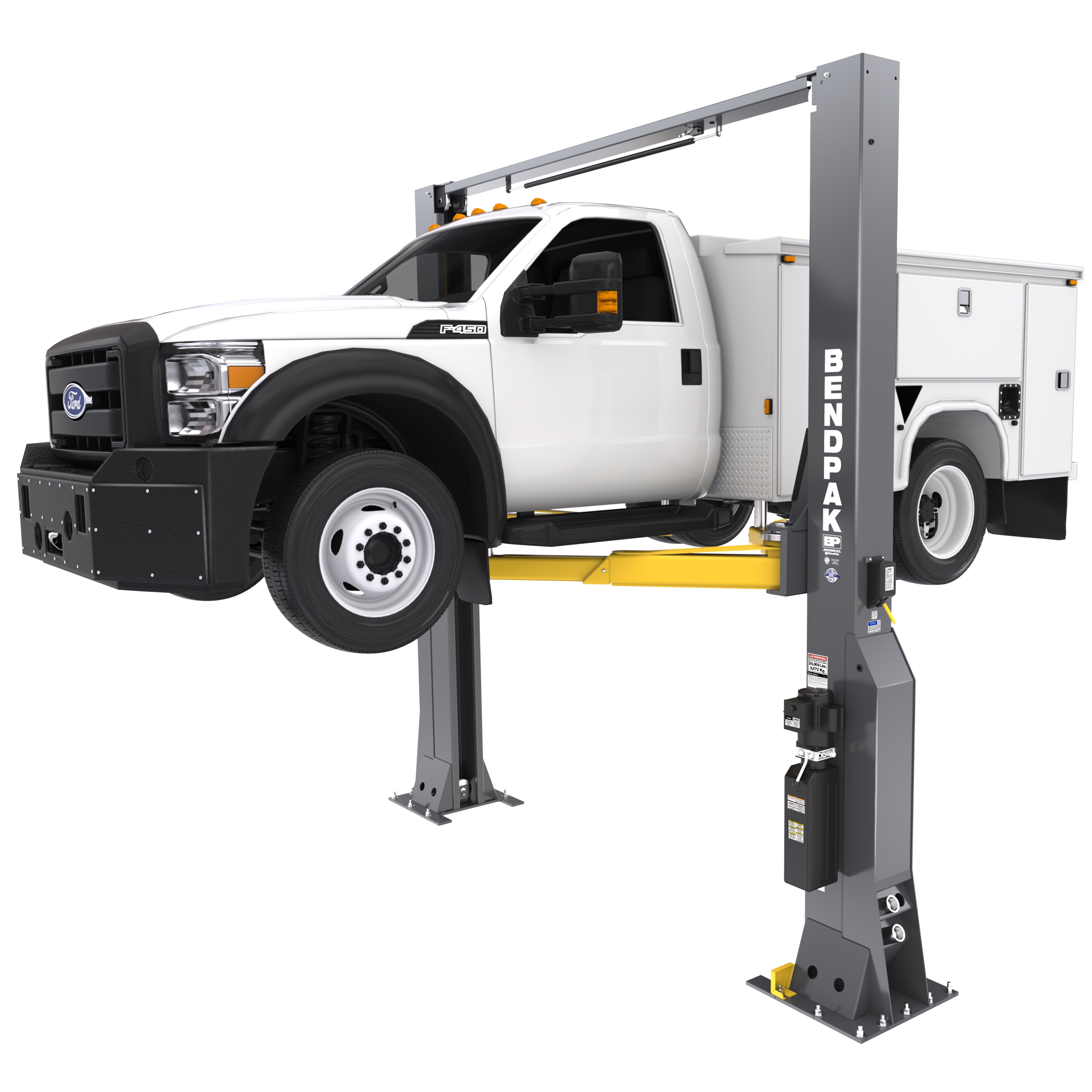 BendPak 20AP two-post lift holding large work truck