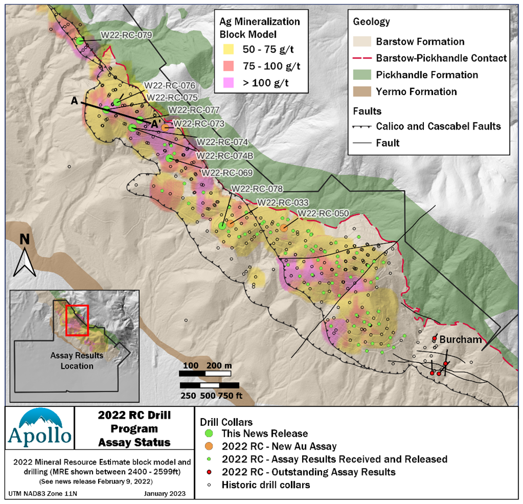 Locations of drill hole collars for results reported February 1, 2023, for Phase 2 of the Calico Project 2022 Drill Program.