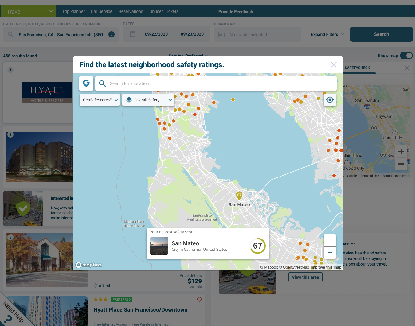 One view in Deem's SafetyCheck feature shows the latest neighborhood overall safety rating, provided by GeoSure.