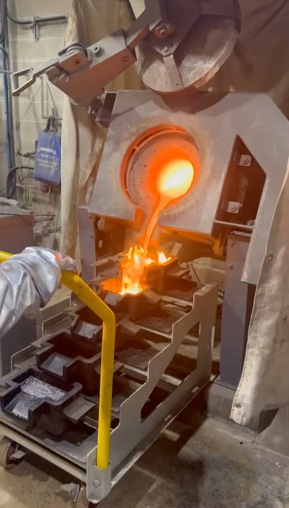 Photograph of gold recovered during the mill cleanup program being poured into a gold bar in the Madsen mill refinery on June 8, 2024.