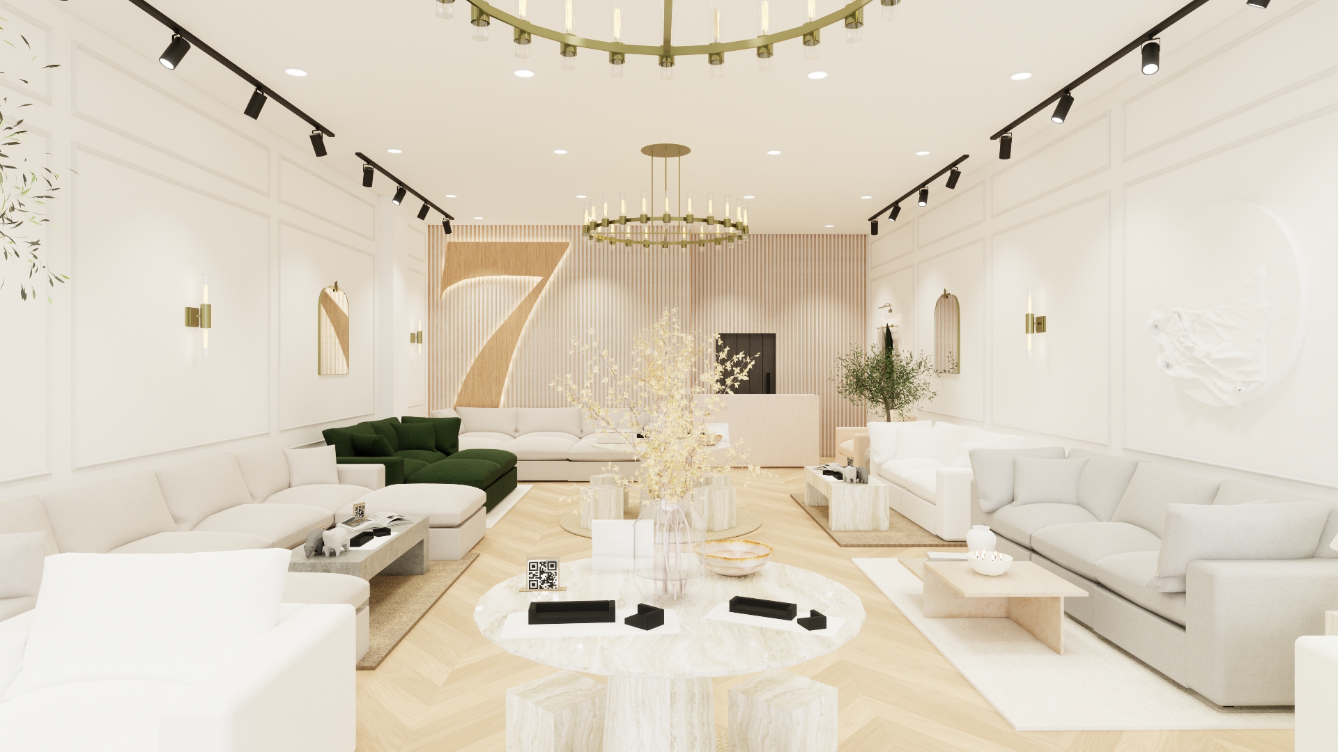 Wide shot of 7th Avenue's Tysons showroom with white and dark green modular sofas arranged throughout the space.