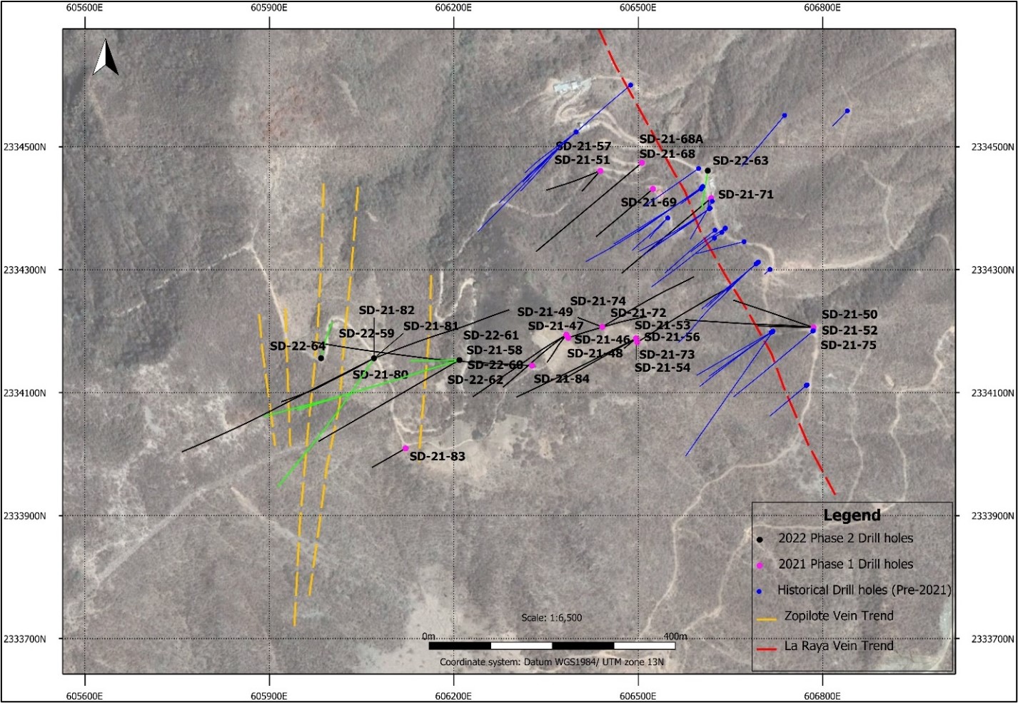 Location of drill hole collars and traces from the 2021 and 2022 diamond drilling and main silver vein trends, overlain on a satellite image, Santo Domingo Silver Project (Stroud Resources, 2021).