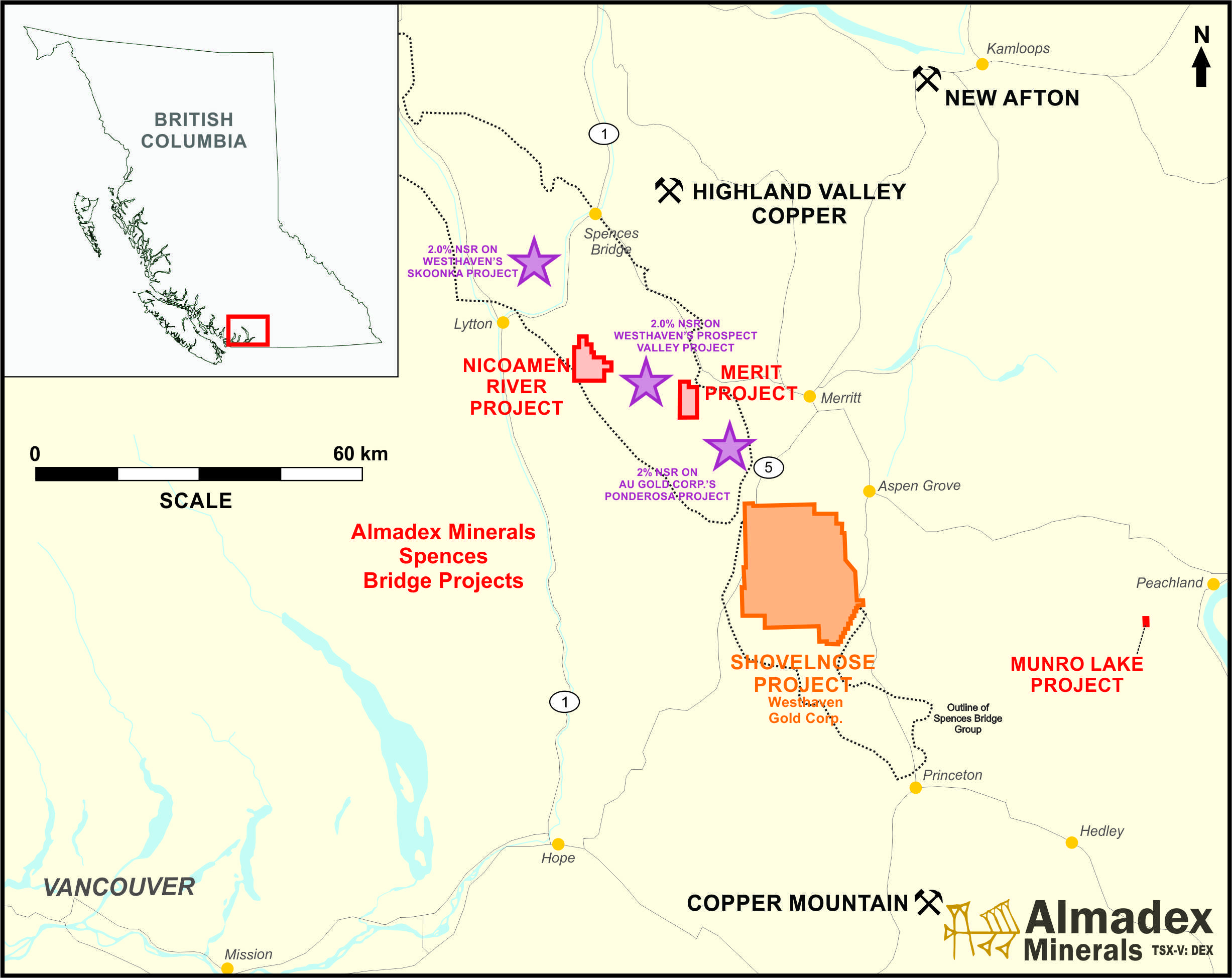 Figure 1: Location of the Nicoamen and Merit Projects within the Spences Bridge Gold Belt, southern British Columbia. image